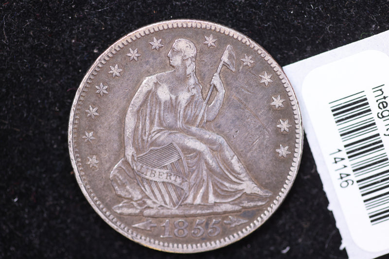 1855 Seated Liberty Half Dollar, Nice Strike, Circulated Coin, Store