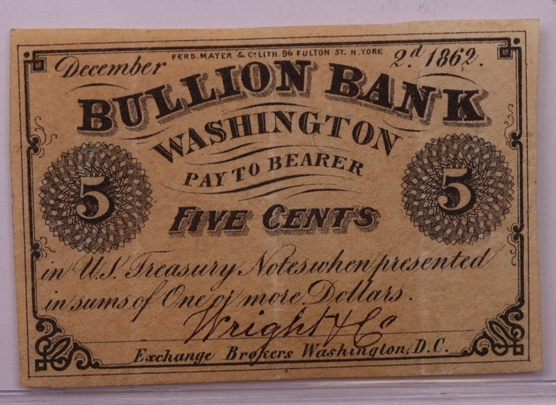 1862 5 Cents, BULLION BANK., WASHINGTON D.C., STORE