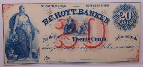 1862 20 Cent, Private Script, B.C. Hoyt., ST Joseph, MICH., STORE #18542