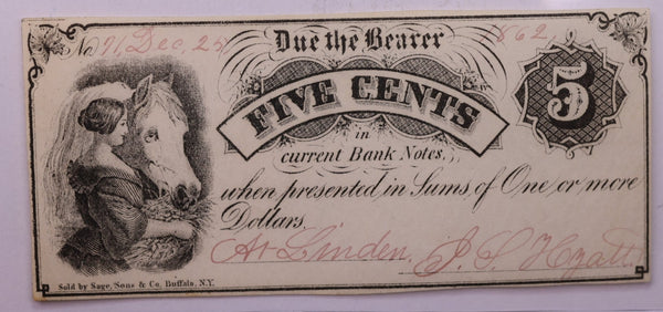 1862 5 Cent, Linden Script, J.S. Hyatt., STORE #18544