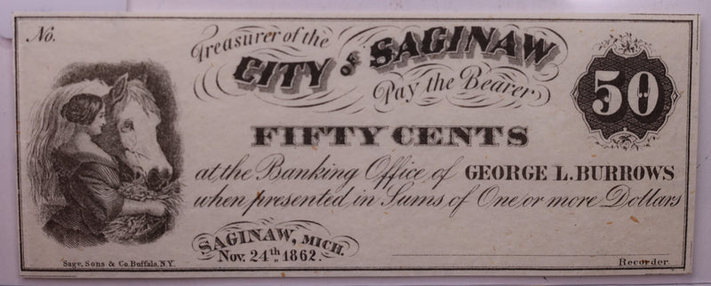 1862 50 Cent, City OF SAGINAW, MICHIGAN., STORE