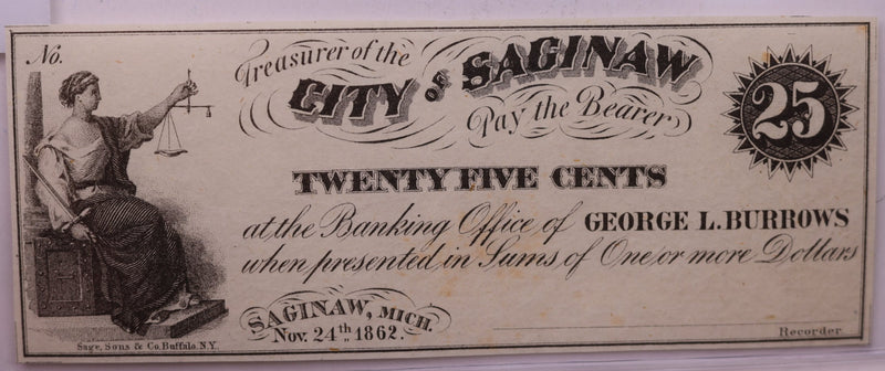 1862 25 Cent, City OF SAGINAW, MICHIGAN., STORE