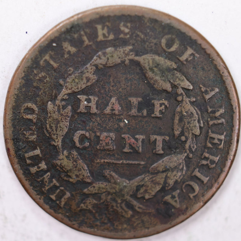 1825 Draped Bust Half Cent, Very Good Circulated Coin. Store