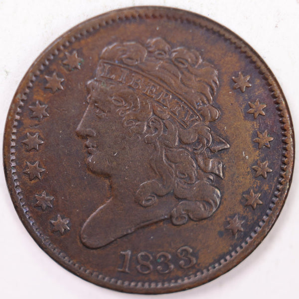 1833 Draped Bust Half Cent, Very Fine Circulated Coin. Store #B833.01