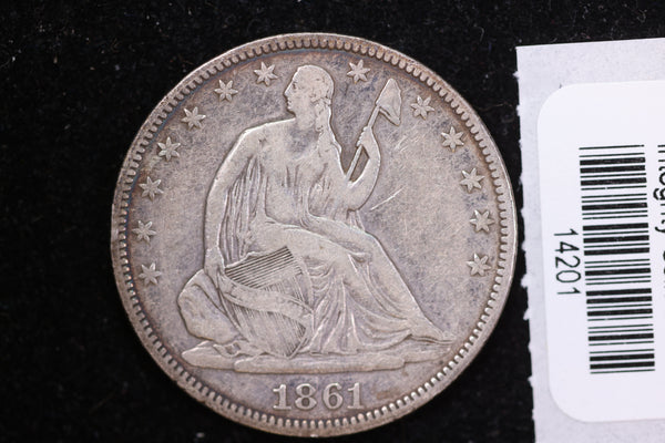 1861 Seated Liberty Half Dollar, Affordable Collectible Circulated Coin, Store #14201