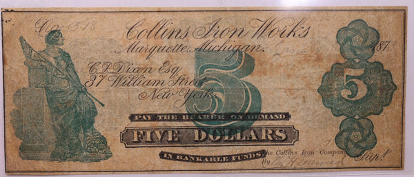 1873 $5, Collins Iron Works, Marquette, MICH., Store #18596