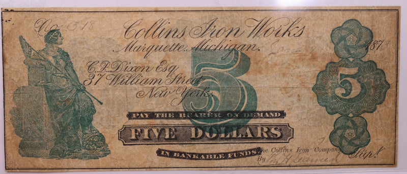 1873 $5, Collins Iron Works, Marquette, MICH., Store