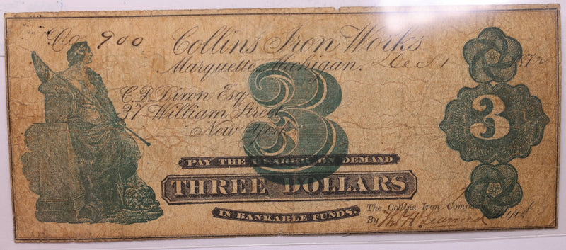1872 $3, Collins Iron Works., Marquette, MICH., Store