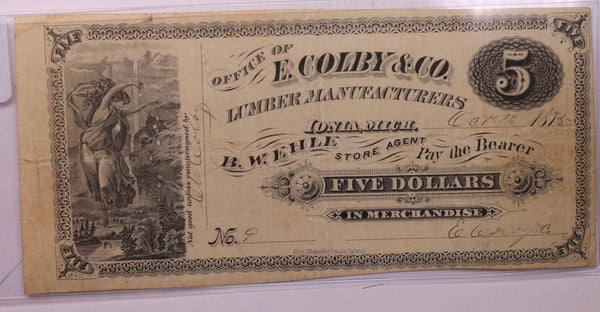 1875 $5, E. COLBY & CO., Lumber Mfr., IONIA, MICH., Store #18602