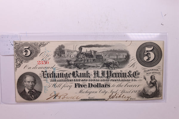 1862 $5, Exchange Bank., A.J. Perrin & Co., Mich., Store #18604