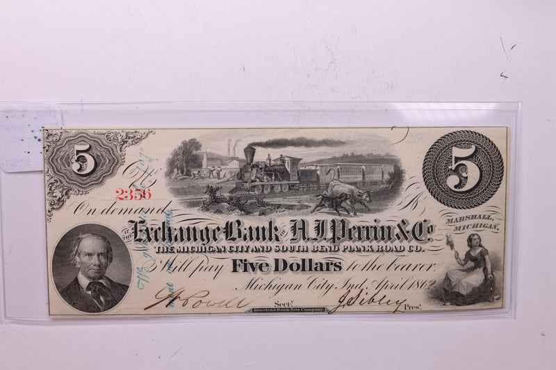 1862 $5, Exchange Bank., A.J. Perrin & Co., Mich., Store