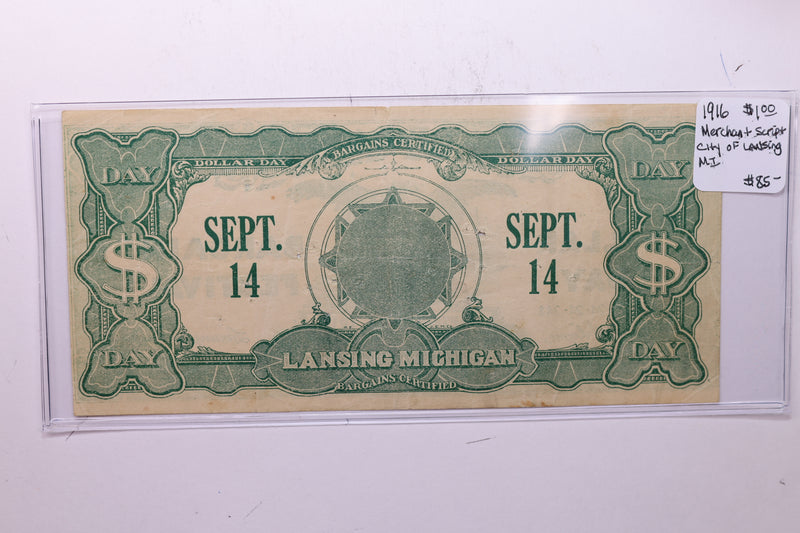 1916 $1, City of Lansing, Merchant Script., Mich., Store