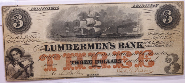 1857 $3, LUMBERMEN'S BANK., Grand Haven., Mich., Store #18609