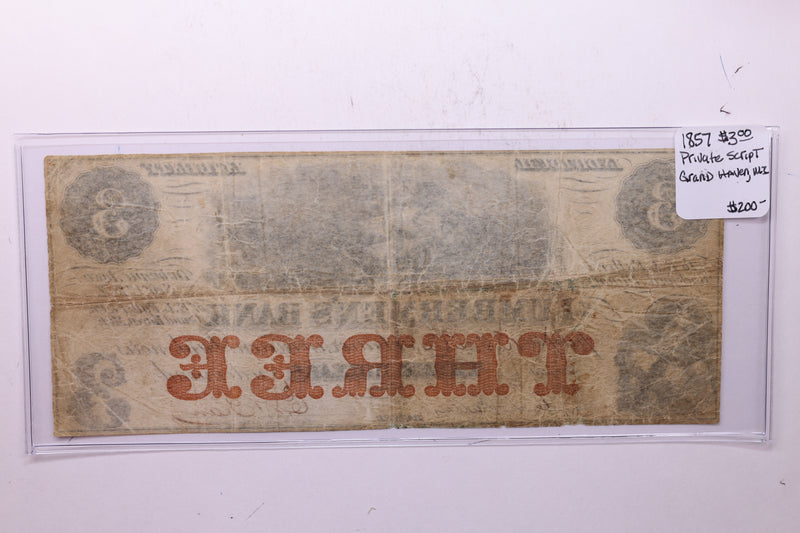 1857 $3, LUMBERMEN'S BANK., Grand Haven., Mich., Store