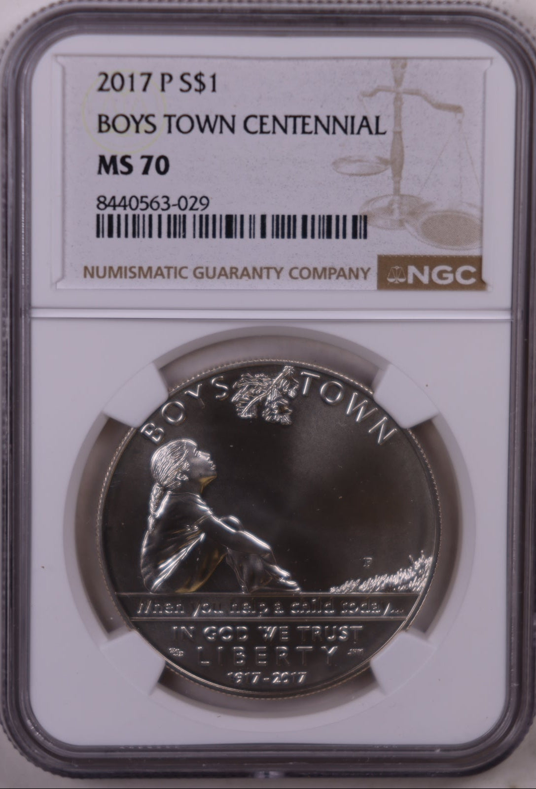 2017-P Boys Town Centennial Silver Dollar, NGC MS-70, Store #GMC399
