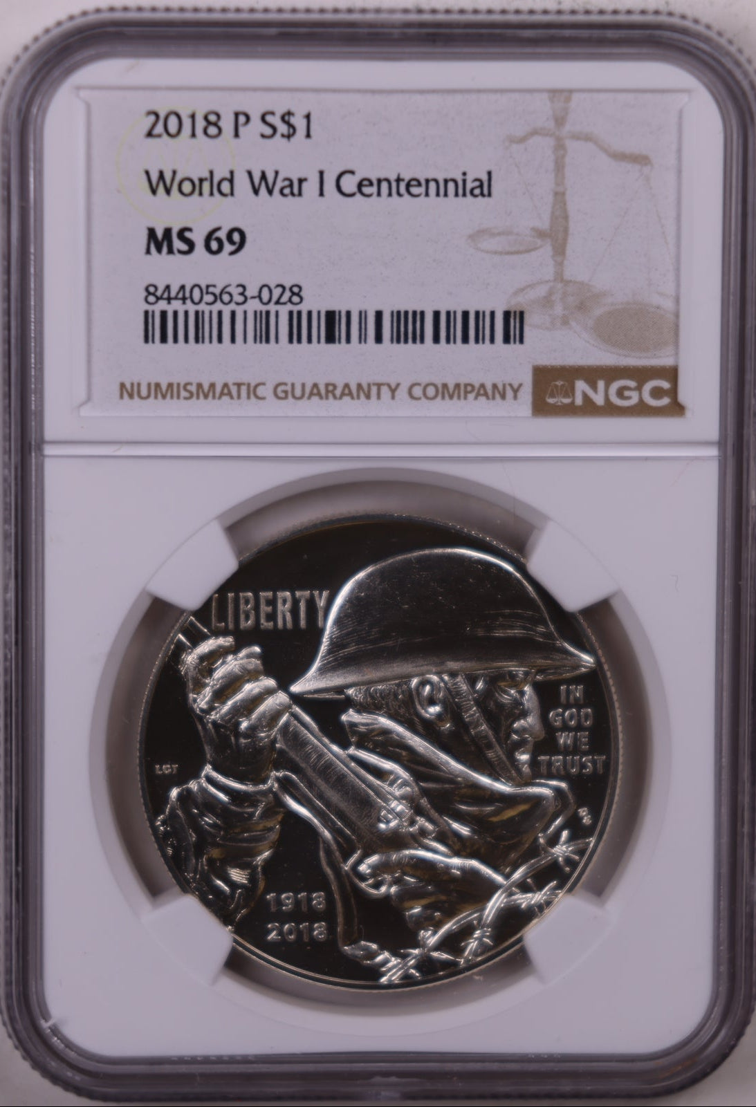 2018-P World War I Centennial Silver Dollar, NGC MS-69, Store #GMC401