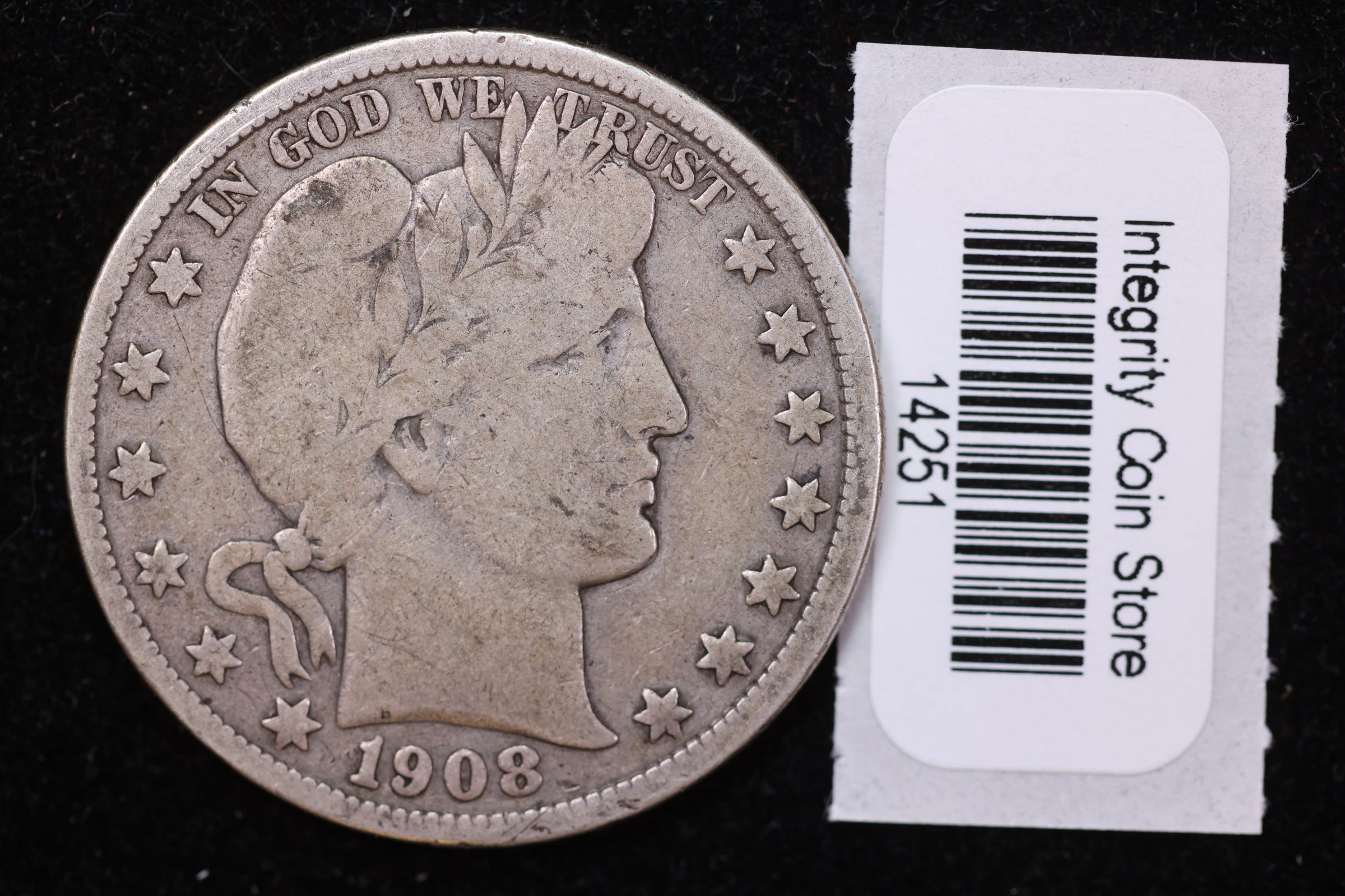 1908-O Barber Half Dollar, Very Good Circulated Coin, Store #HR386