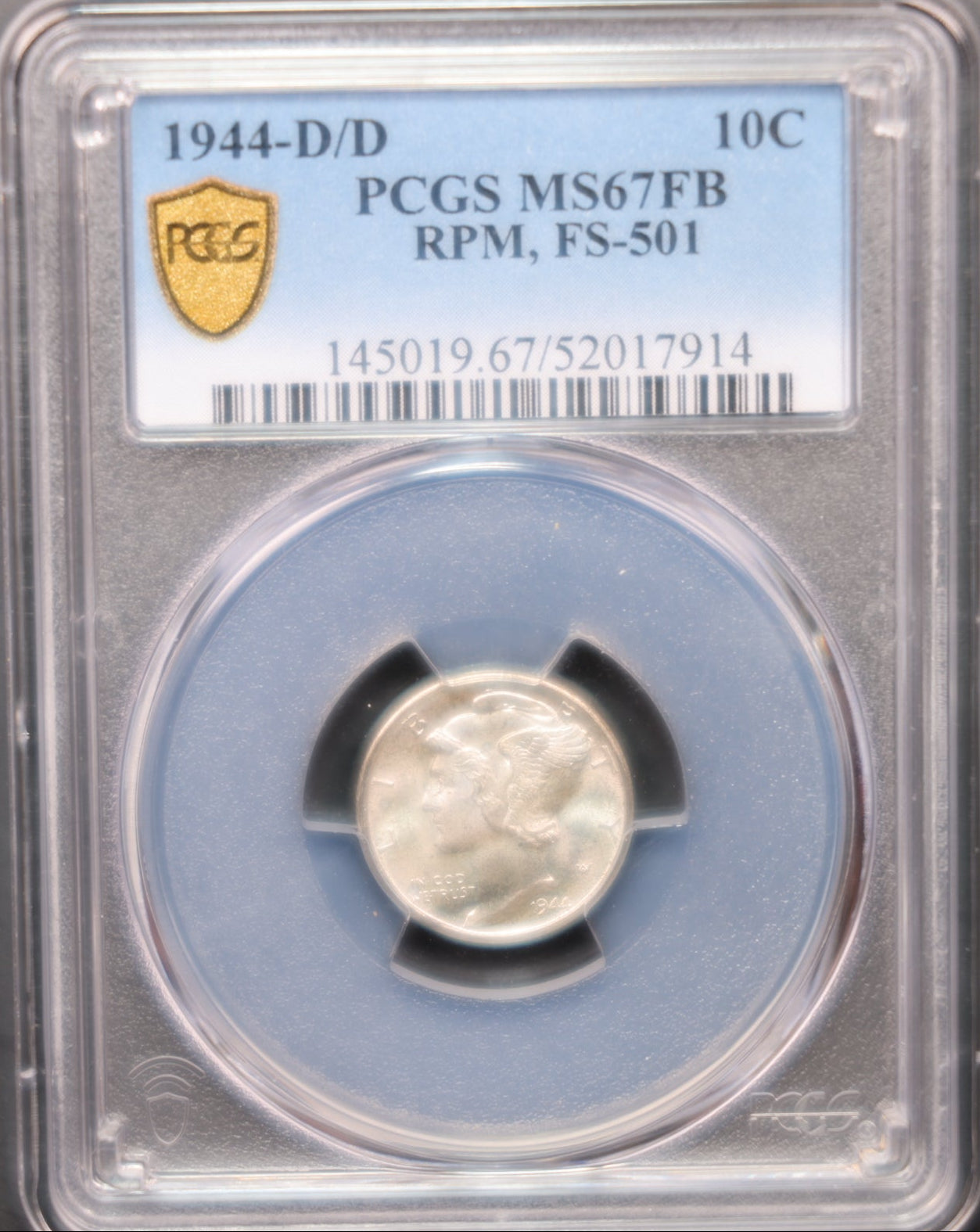 1944-D Mercury Silver Dime, PCGS MS67, Full Band, PRM, Store #DE0934.