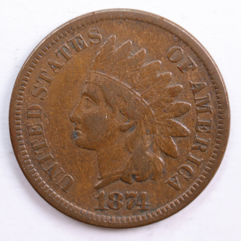 1874 Indian Head Cent, Very Fine Circulated Coin, Store