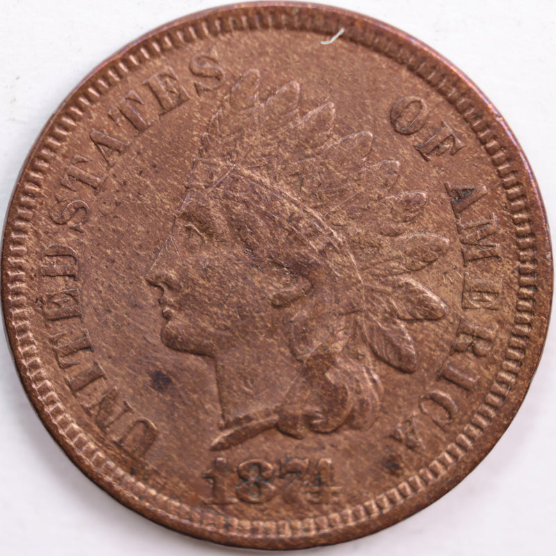 1874 Indian Head Cent, Abt Uncirculated Coin, Store