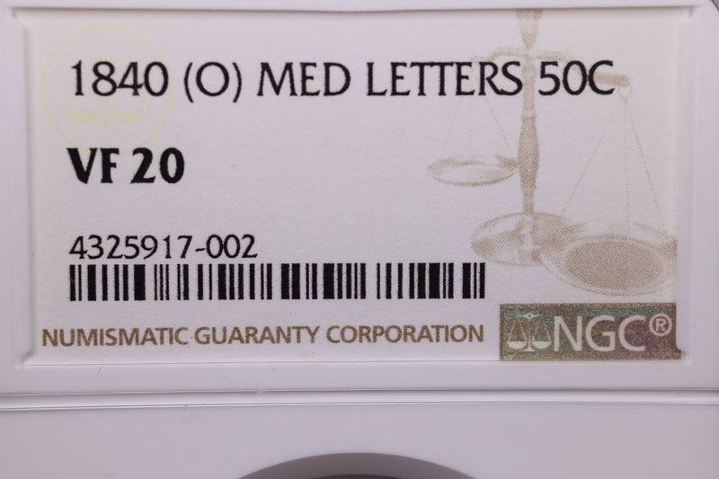1840 (O) Seated Liberty Half Dollar., Med Letters., NGC VF20., Store