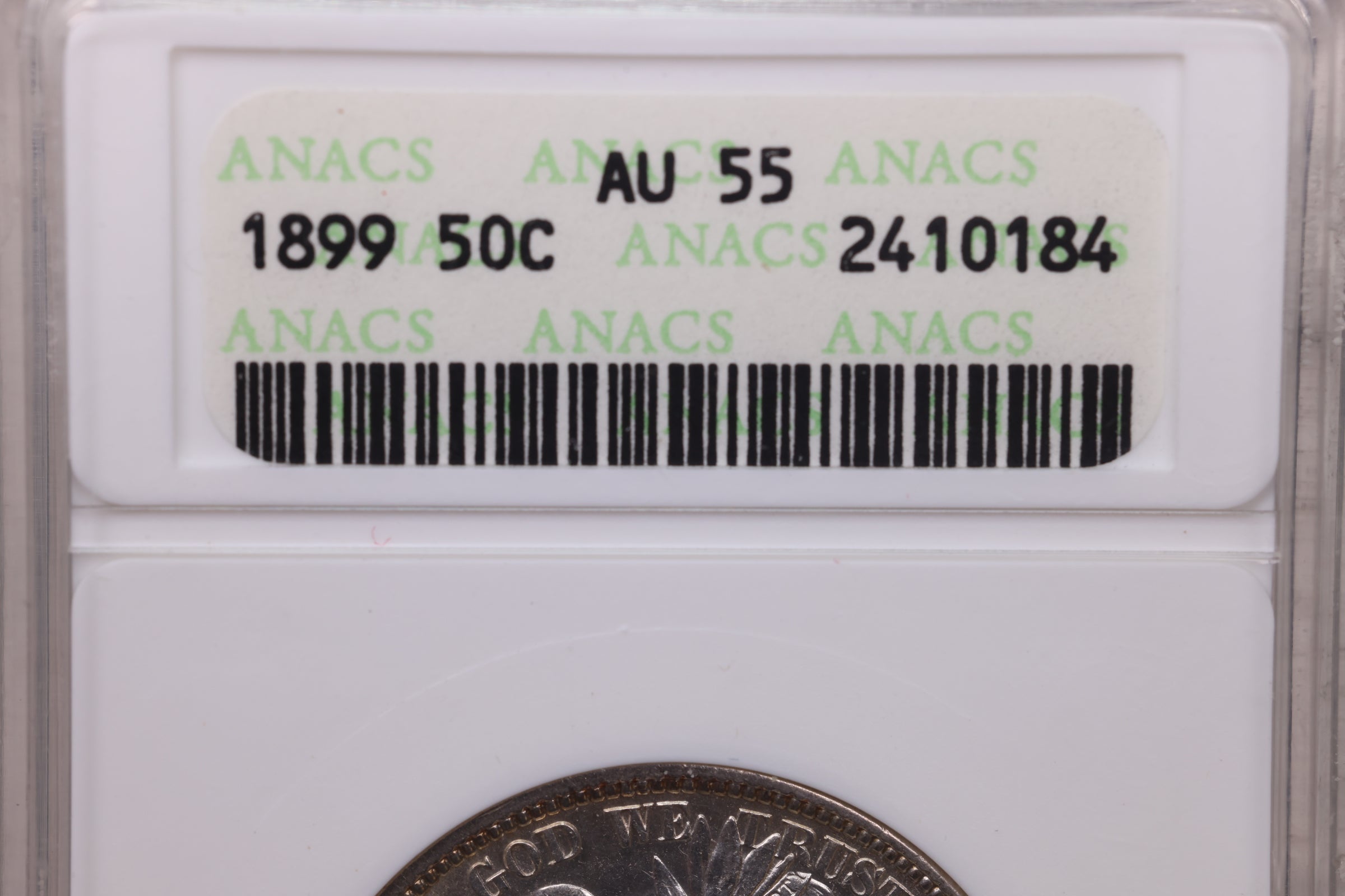 1899 50C Barber Half Dollar., ANACS Graded; AU55., Store #18757