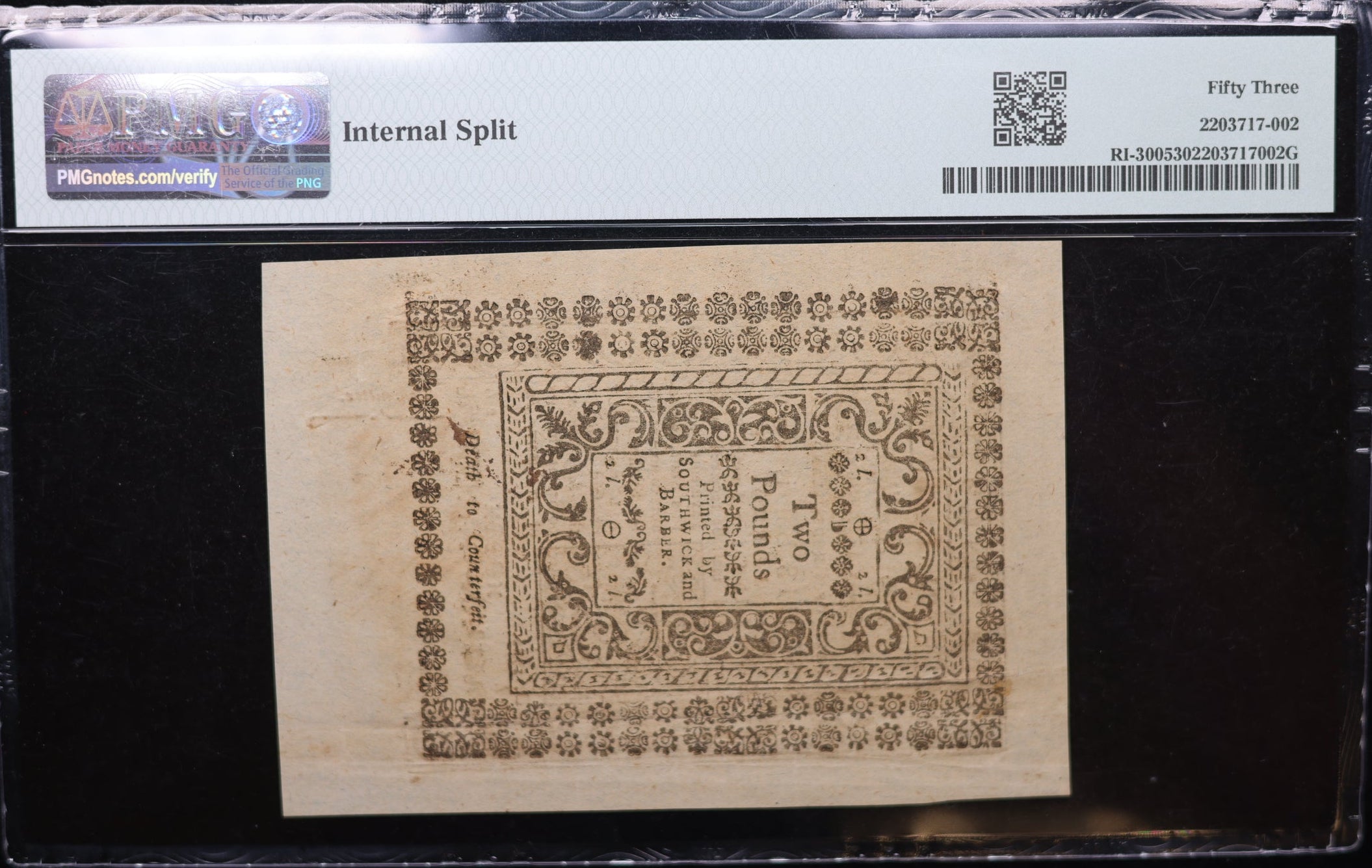 May, 1786, 40 Shillings, Rhode Island Colonial Currency, PMG AU-53, #GCY0001.