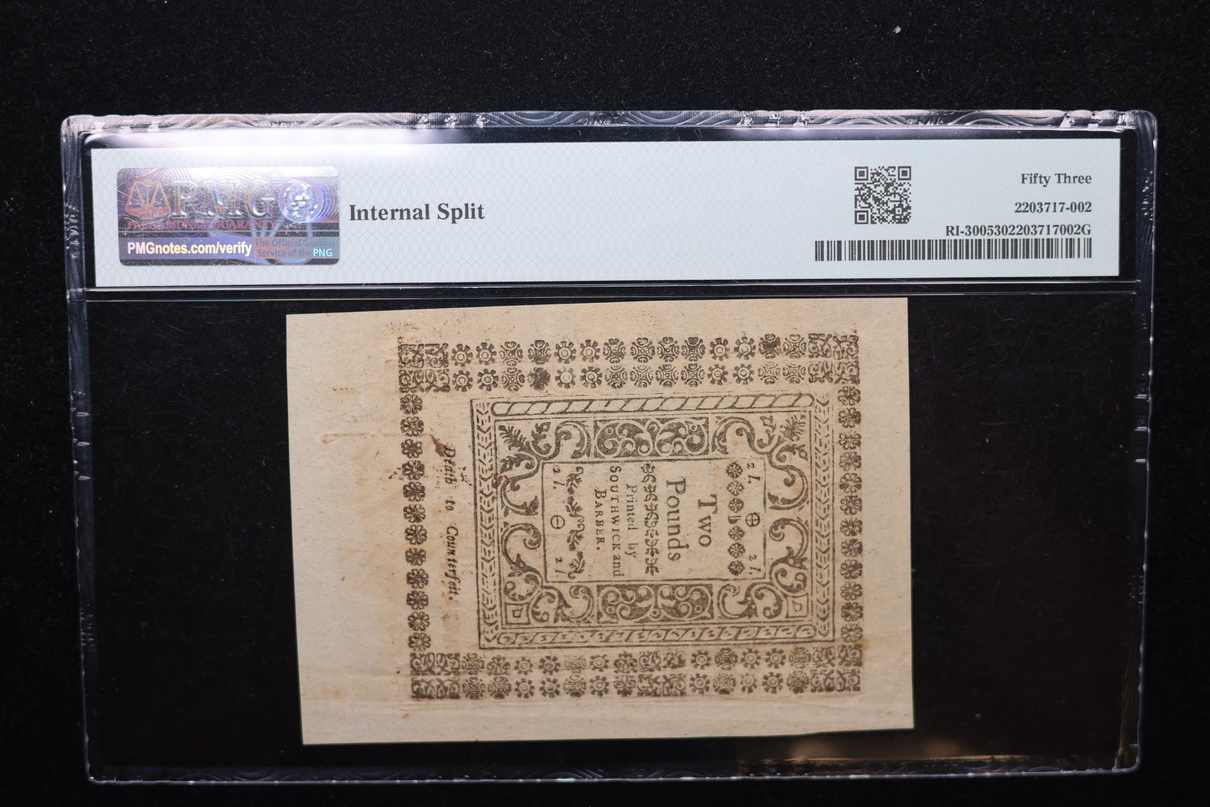 May, 1786, 40 Shillings, Rhode Island Colonial Currency, PMG AU-53, #GCY0001.
