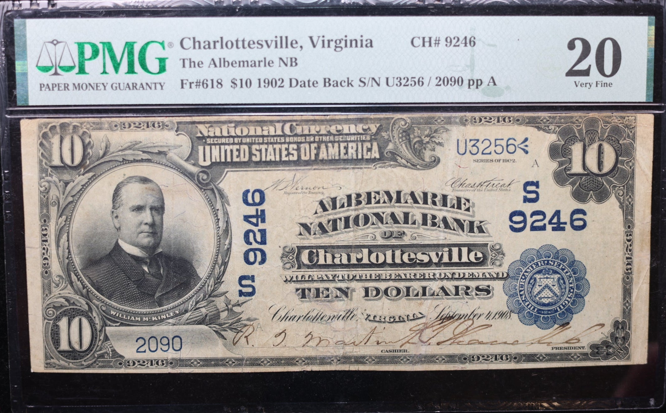 1902 $10, Charlottesville, Virginia, CH#9246, PMG VF20, Fr#618, Store LGNG010.