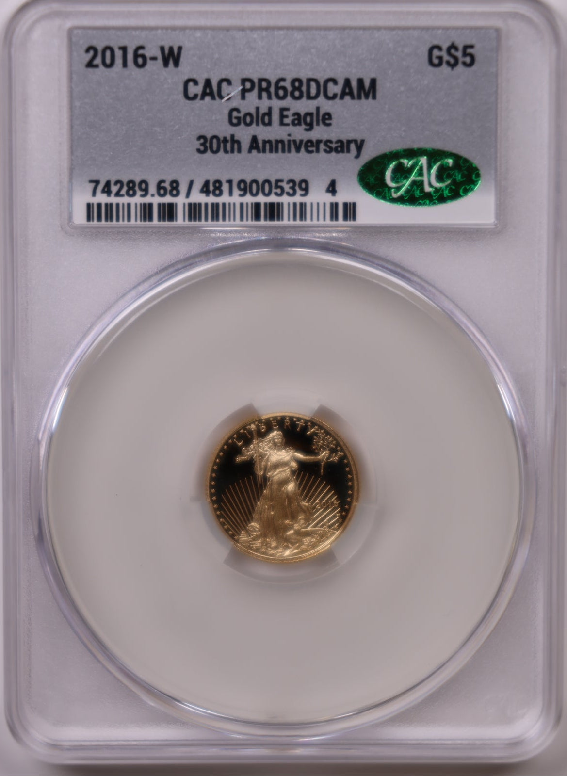2016-W $5, Proof Gold American Eagle Coin, 1/10 OZT, CAC PR68DCAM, Store #GMC277