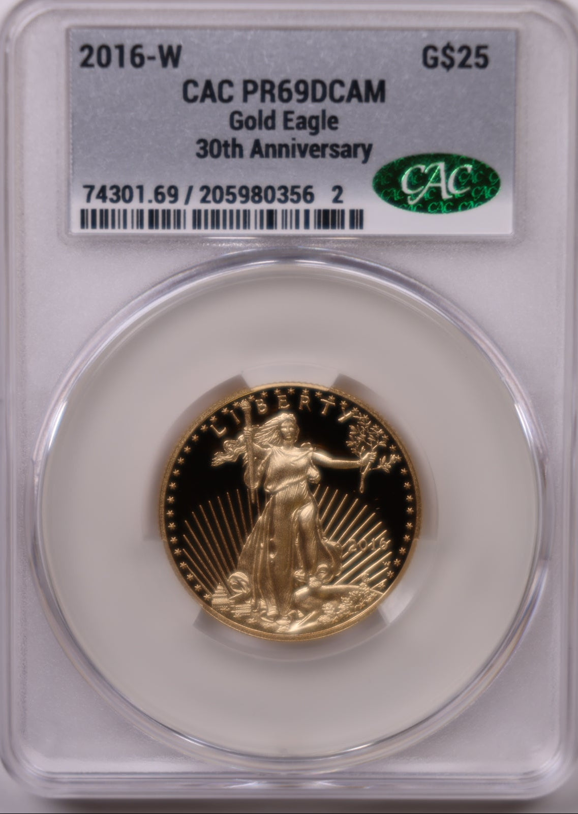 2016-W $25, Proof Gold American Eagle Coin, 1/2 OZT, CAC PR69DCAM, Store #GMC280