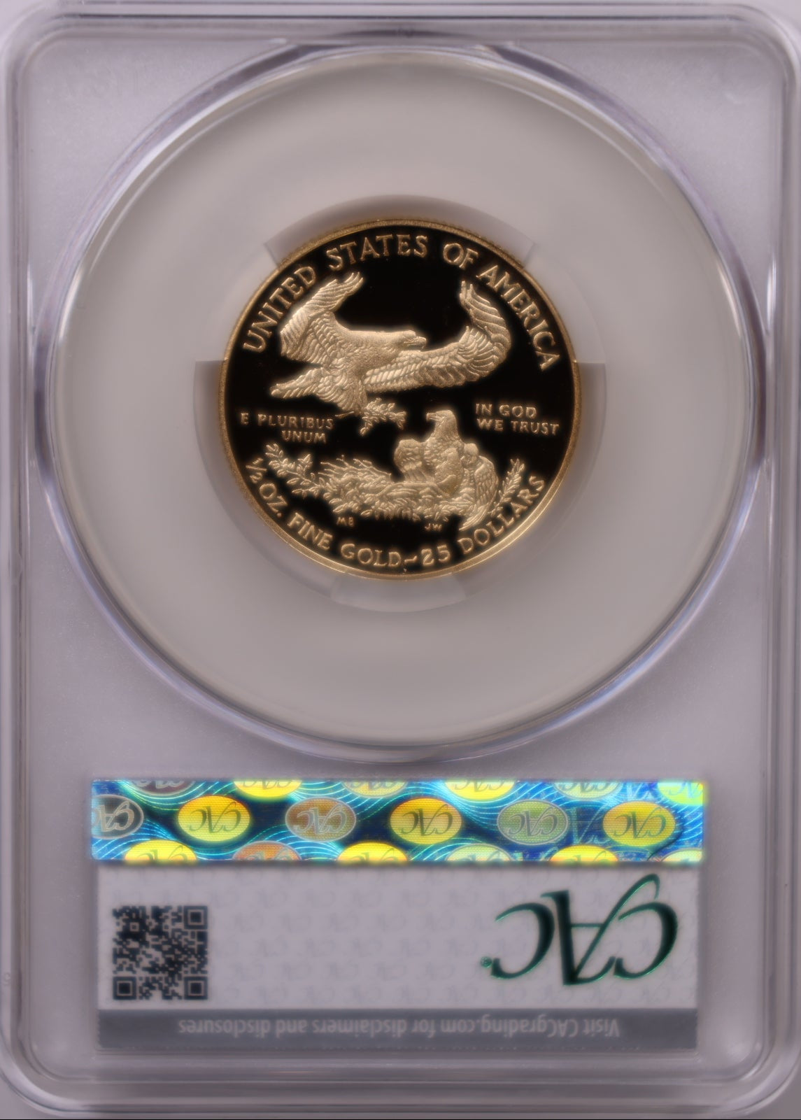 2016-W $25, Proof Gold American Eagle Coin, 1/2 OZT, CAC PR69DCAM, Store #GMC280