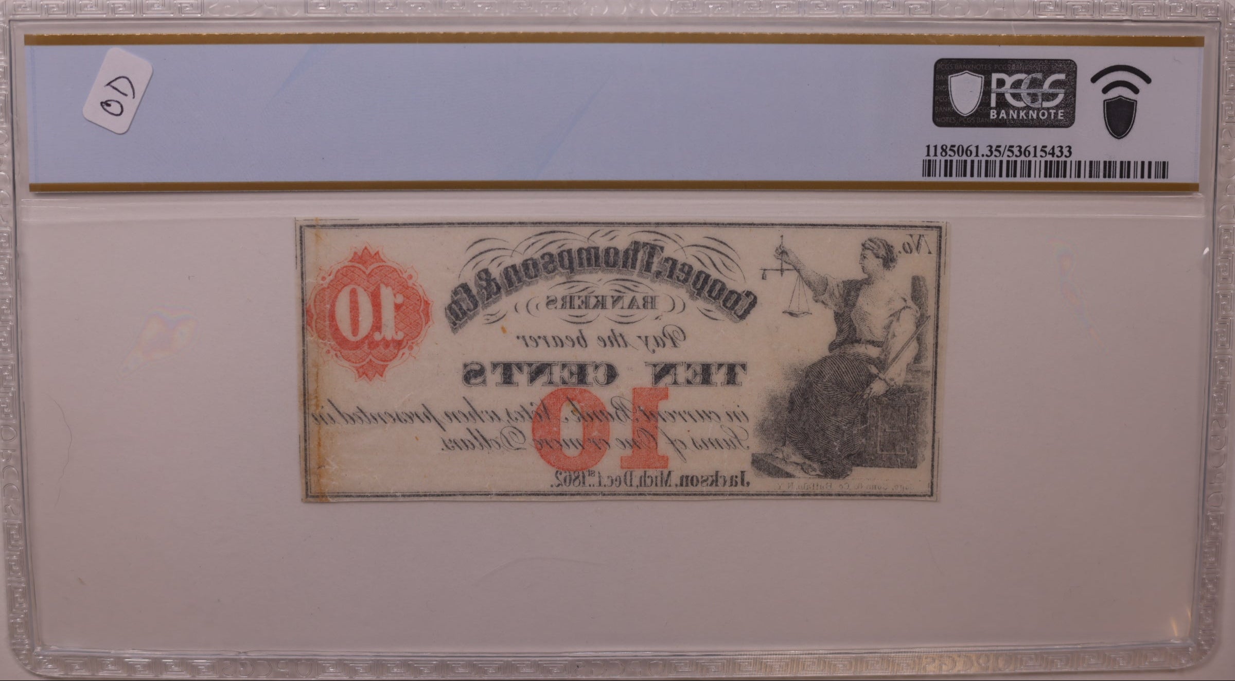 1862 10C Remainder-Jackson, MI, Lee JAC-2-1, PCGS Choice VF-35, STORE #GMI169