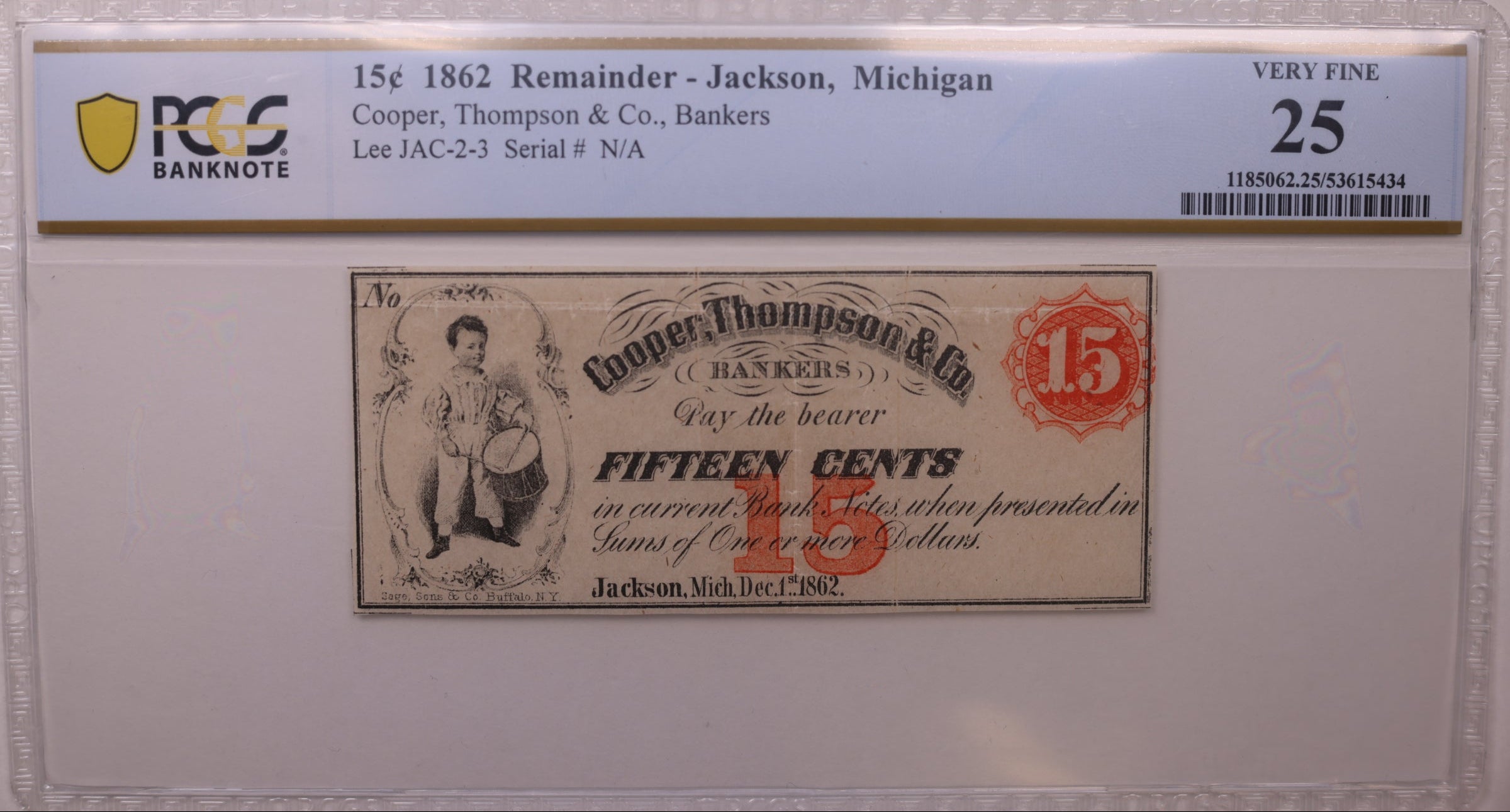 1862 15C Remainder-Jackson, MI, Lee JAC-2-3, PCGS VF-25, STORE #GMI171
