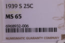 1939-S Washington Silver Quarter., NGC Graded; MS-65., Store
