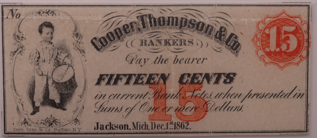 1862 15C Remainder-Jackson, MI, Lee JAC-2-3, PCGS VF-25, STORE #GMI171