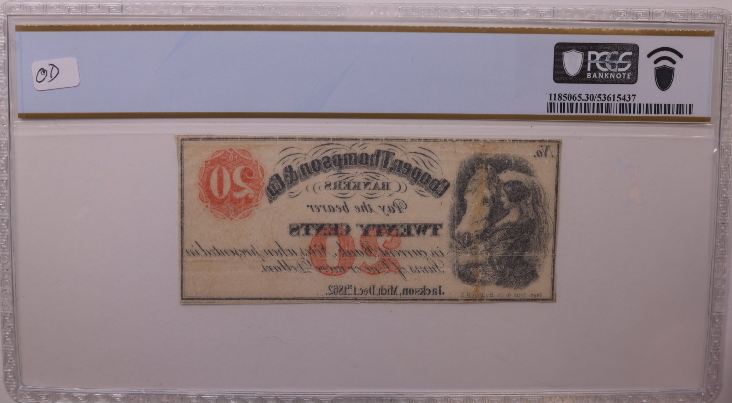1862 20C Remainder-Jackson, MI, Lee JAC-2-4, PCGS VF-30, STORE #GMI172