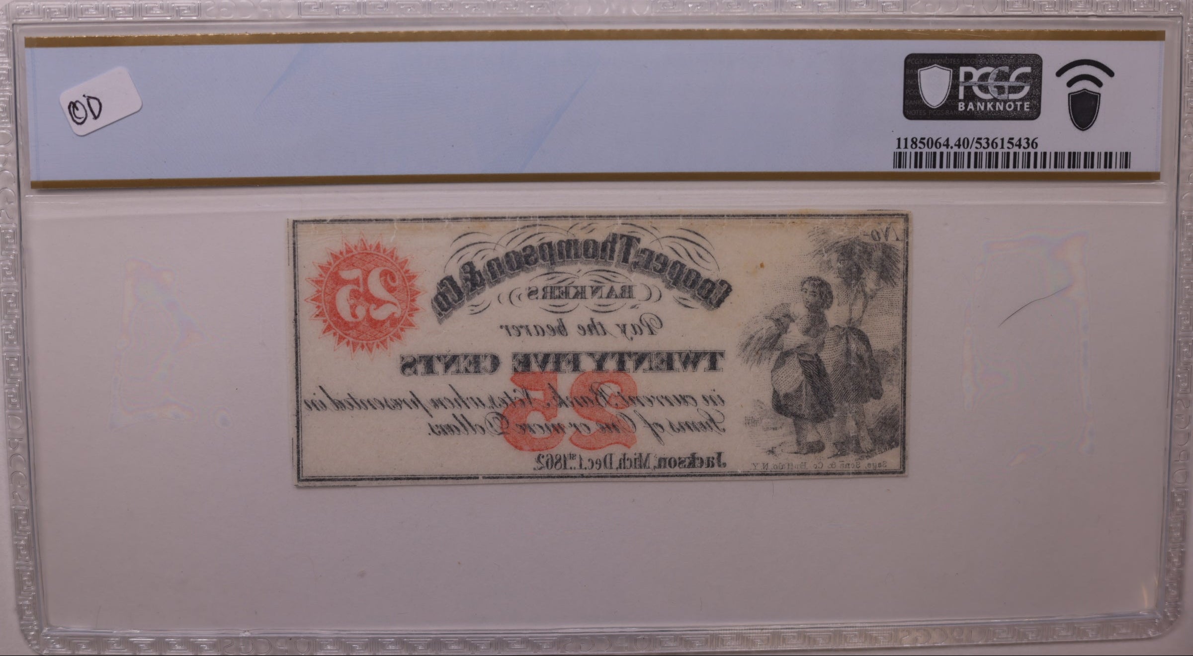 1862 25C Remainder-Jackson, MI, Lee JAC-2-5, PCGS XF-40, STORE #GMI173