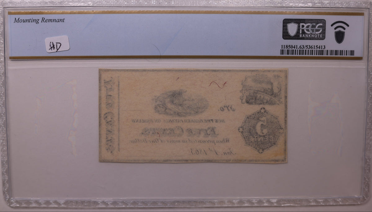 1863 5C Remainder-New York, N.Y., PCGS Choice UNC-63, Store #GNY025