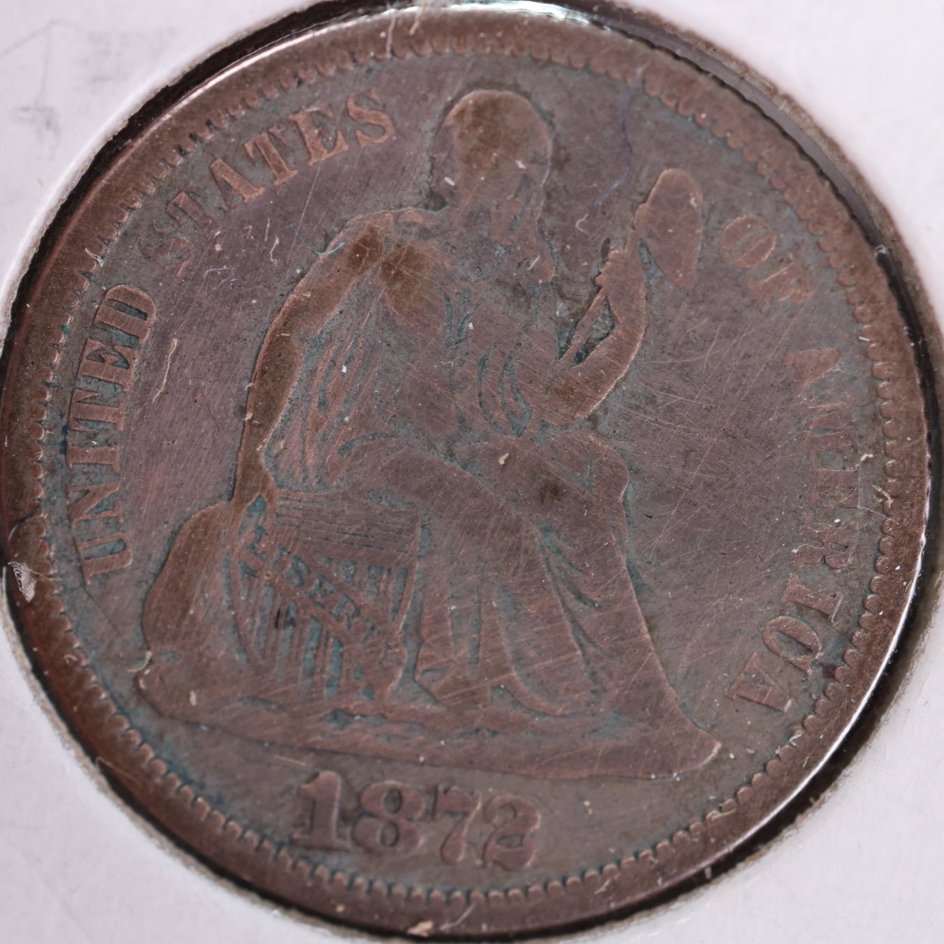 1872 Seated Liberty Silver Dime, Very Fine Circulated Coin, Store #d872.03