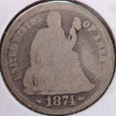 1874 Seated Liberty Silver Dime, Good Circulated Coin, Store