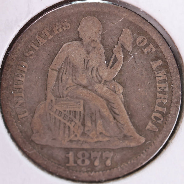 1877 Seated Liberty Silver Dime, Very Fine Circulated Coin, Store #d877.02