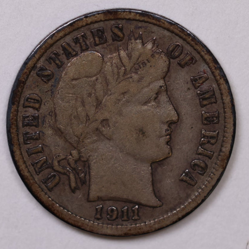 1911 Barber Silver Dime, Fine+ Circulated Coin, Store #DE0955