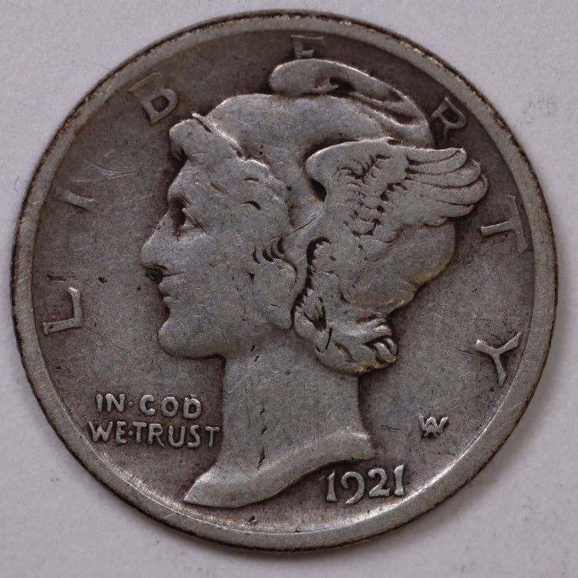 1921-D Mercury Silver Dime, Fine+ Circulated, Store #DE0959