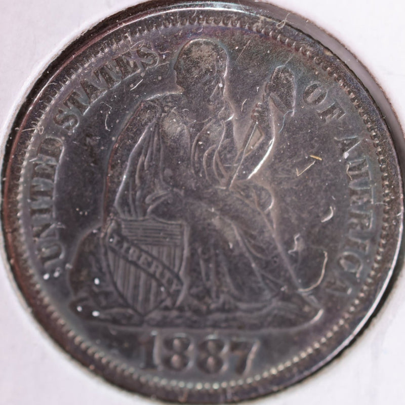 1887 Seated Liberty Silver Dime, Abt Uncirc Circulated Coin, Store