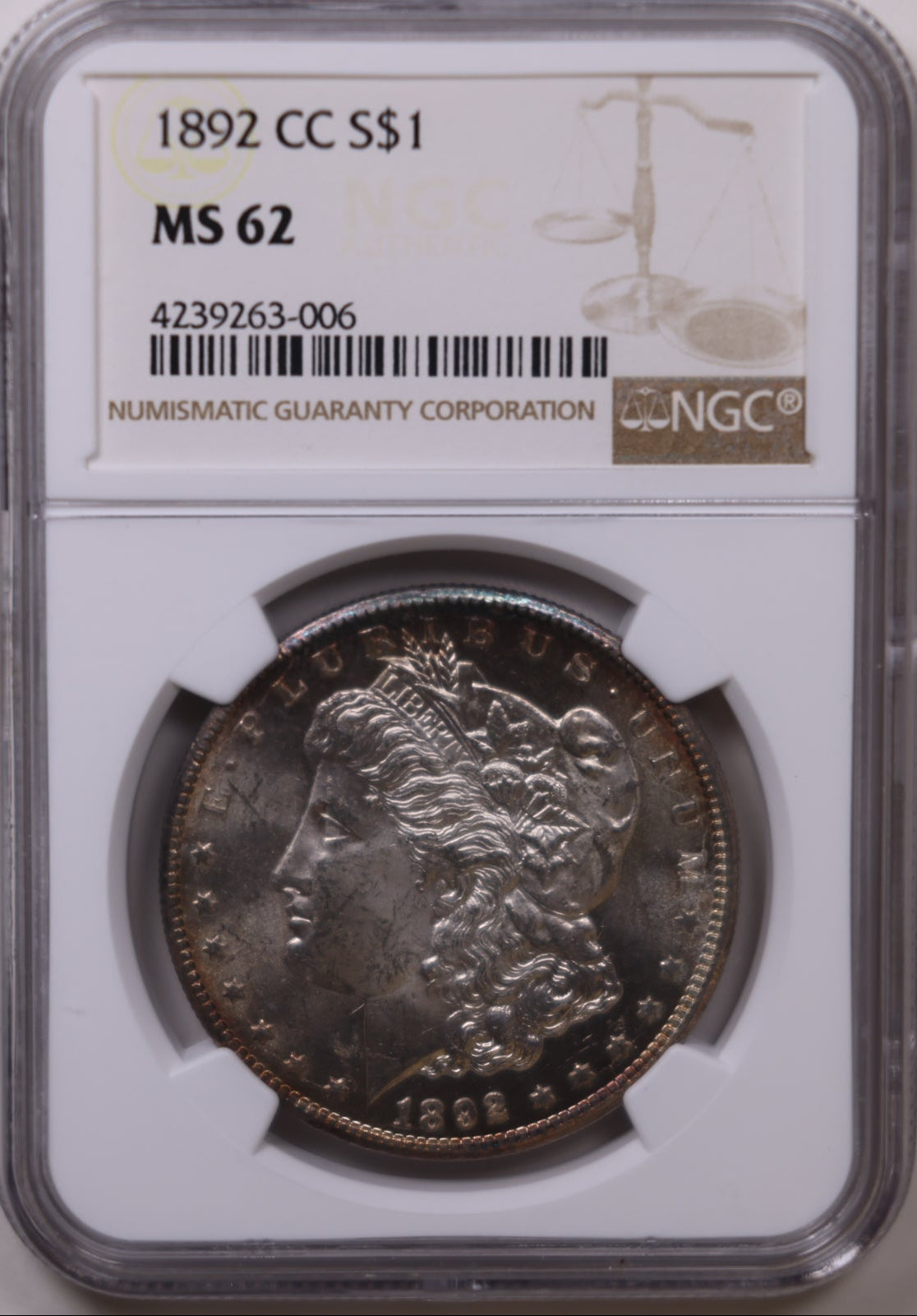 1892-CC Morgan Dollar, Toner, NGC MS62 Uncirculated Coin, Store #DR1575