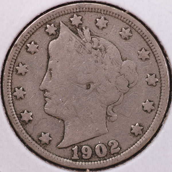 1902 Liberty Nickel, Very Good Circulated Coin, details. Store #12017