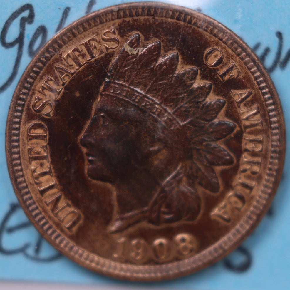 1908-S Indian Head Cent, Golden Brown, Uncirculated Affordable Coin, Store #CT1530