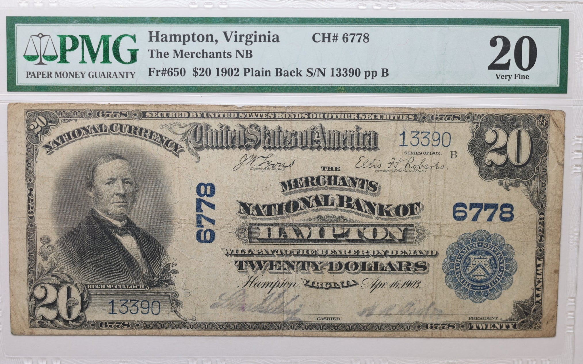 1902 $20, Hampton, VA, CH#6778, Plain Back, PMG VF-20. Store #NBN049.
