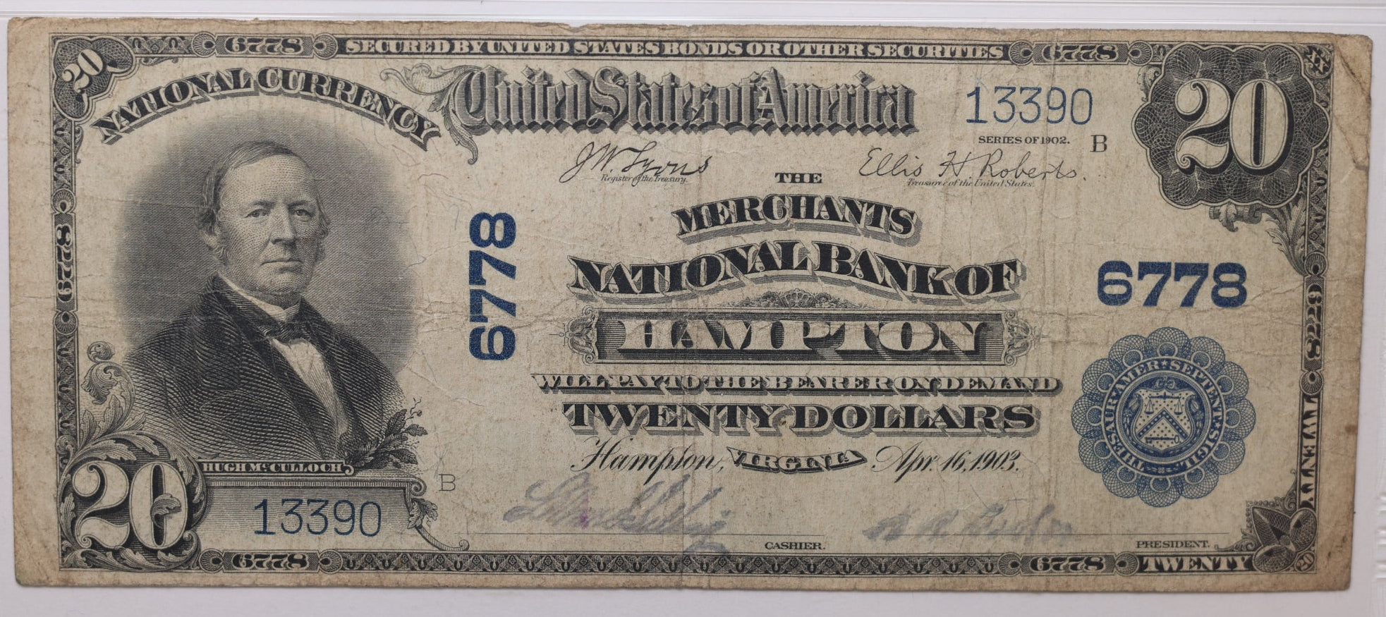 1902 $20, Hampton, VA, CH#6778, Plain Back, PMG VF-20. Store #NBN049.